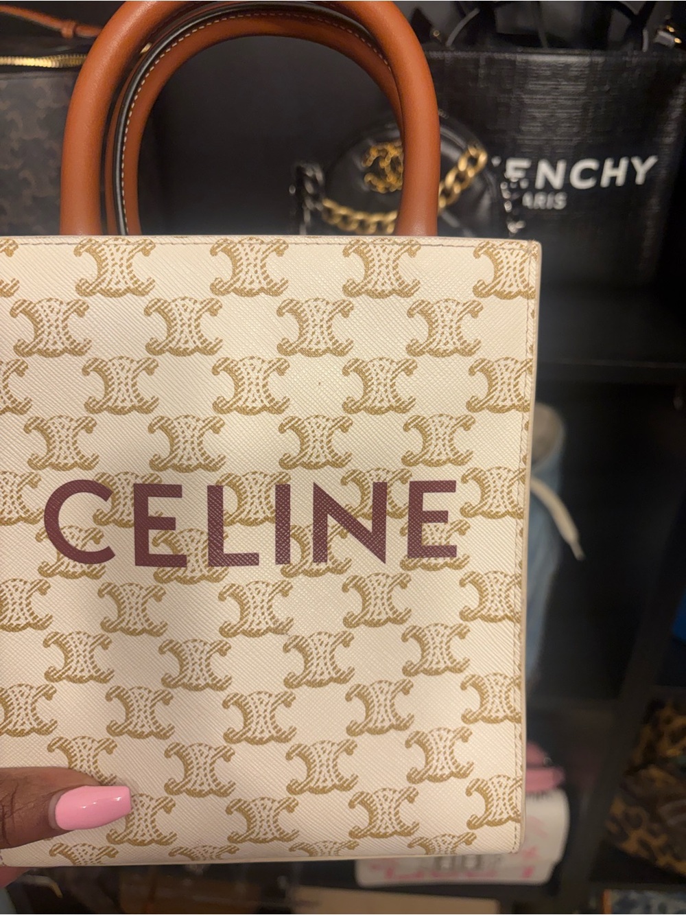 Celine Cream Logo Mini Tote with Brown Handles and burgundy logo